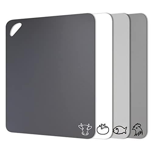 Fotouzy Plastic Cutting Boards with Food Icons, Set of 4, Flexible Cutting Mats with Hole, BPA-Free, Non-Slip and Dishwasher Safe, Modern Neutral Colors