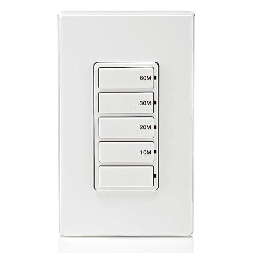 Leviton Countdown Timer Switch for bathroom fan and household lights, 10-20-30-60 min, No Neutral Required, Single Pole, 15A, 1/2HP/9.8A Fan/Motor, DT160-1LW, White 12