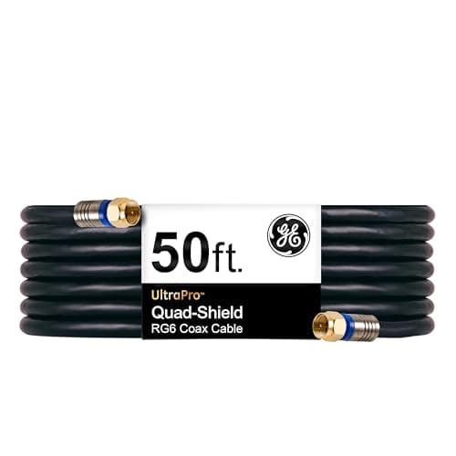 GE RG6 Coaxial Cable, 50 ft. F-Type Connectors, Quad Shielded Coax Cable, 3 GHz Digital, in-Wall Rated, Ideal for TV Antenna, DVR, VCR, Satellite, Cable Box, Home Theater, Black, 33532