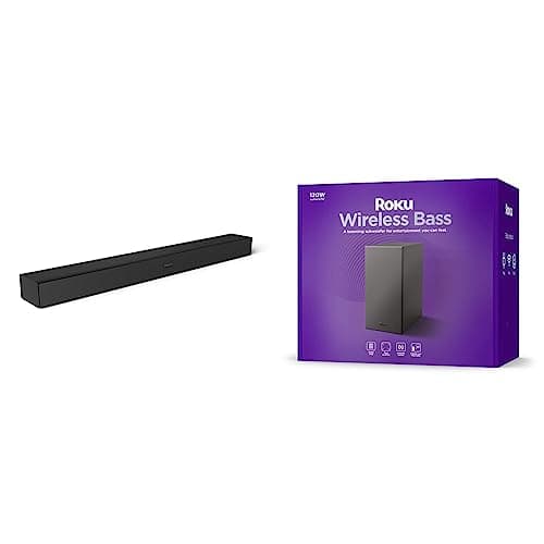 Roku TV Wireless Soundbar 2023 | Soundbar Exclusively for RokuTV with Enhanced Stereo Sound, Clear Dialogue, and Simple Wireless Setup,Black and Roku Wireless Bass | Slim Subwoofer Streambar, Streambar Pro Wireless Speakers,Black