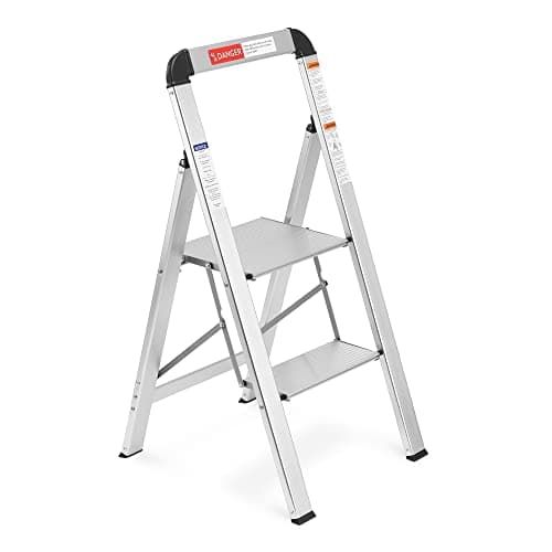 Navaris 2 Step Ladder - Aluminum Folding Step Stool for Adults - Slim Metal Step-Ladder with 2 Anti-Slip Steps & Rubberized Feet - Max Load 330 lbs 8