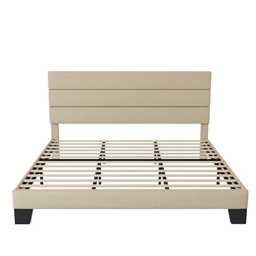 Allewie King Size Platform Bed Frame with Fabric Upholstered Headboard and Wooden Slats Support, Fully Upholstered Mattress Foundation/No Box Spring Needed/Easy Assembly, Beige 8