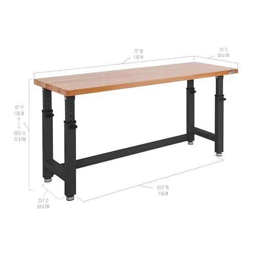 Seville Classics UltraHD Heavy Duty Workbench Table w/Solid Wood Top, 1000 lbs. Weight Capacity Workstation for Garage, Warehouse, Workshop, Graphite, 72" W x 25" D x 28.5" to 42" H Desktop 6