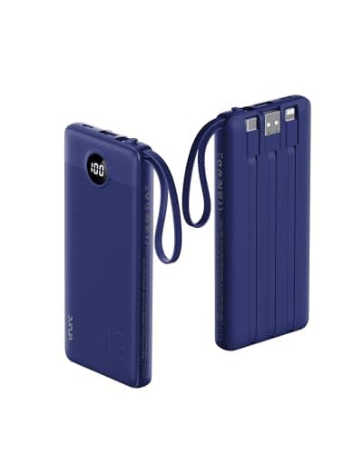 VRURC Portable Charger for iPhone, USB C Power Bank 10000mAh, Slim Travel Battery Pack with Built in Cables, 5 Outputs 2 Input Portable Phone Charger for iPhone 17 16 15 14 13, Samsung, Android-Navy