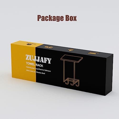 ZUJJAFY Wall Mounted Towel Racks with Wooden Shelf & 3 Hooks, Towel Holder for Small Bathroom Wall Decor, Bath Towel Storage for Rolled Towels Organizer, Matte Black 8