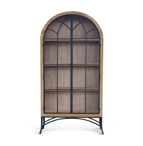 Sunny Designs Ella Arched Metal & Wood Display Cabinet with Glass Doors – Powder-Coated Steel Frame, Magnetic Latches, Adjustable Shelves, Windowpane Design, Living Room Storage (Oak Grove)