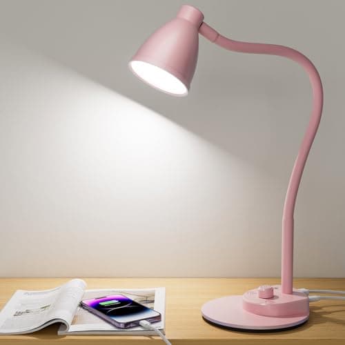 BOHON Cute Desk Lamp with USB Charging Port, Pink Lamp 3 Color Modes Dimmable LED Reading Lamp, Flexible Neck Auto Dimming Table Task Light for Home Office Dorm Bedside, Pink
