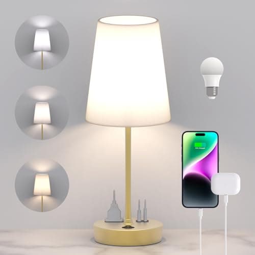 Addtam Bedside Table Lamp for Bedroom, 3-Way Dimmable Lamp with AC Outlet and USB C Charging Ports(PD 20W), Lamps with Shade for Night Stands, Living Room, Desk, and Home Office