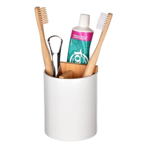 Onsogi Ceramic Toothbrush and Toothpaste Holder with Bamboo Divider for Bathroom Countertop, White Toothbrush Organizer Stand for Bathroom Vanity Countertops - 1 Pack