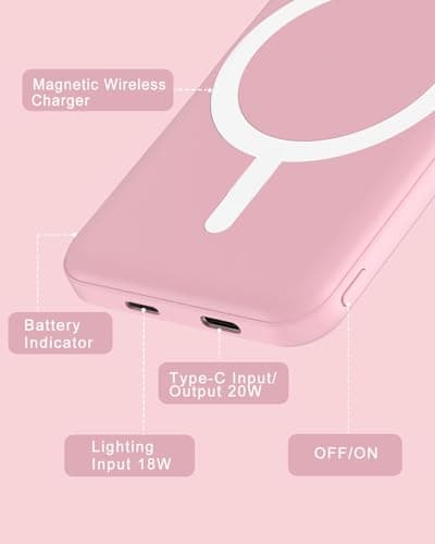 podoru for Magsafe Battery Pack, 5000mAh Magnetic Power Bank with Type-C Cable 20W PD Fast Charging Lighting Input Wireless Portable Charger for iPhone 17/16/15/14/13/12/ All Series-Pink 6