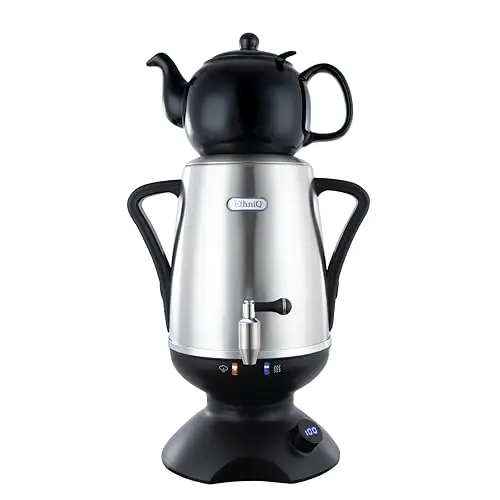 ETHNIQ - Electric Samovar | 3.2L Stainless Steel Tea Maker | Adjustable Temperature Controller | Boil Dry & Auto Shot-off | 1.2L Porcelain Teapot | Turkish, Persian, Russian Tea Kettle (Black)