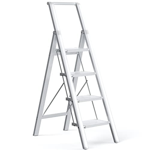 Step Ladder Folding Step Stool - Lightweight Aluminium Ladders W/Anti-Slip Wide Pedal&Handle for Adults&Seniors, Perfect for Home Kitchen Garden Safety Decorative Ladder, Silver