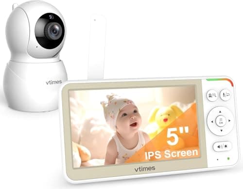 VTimes 5'' Screen Video Baby Monitor with Camera and Audio, 32-Hour Battery, Baby Monitor No WiFi Remote Pan-Tilt-Zoom VOX, Two-Way Talk Night Vision Temperature Display Alarm 8 Lullabies and 1000ft