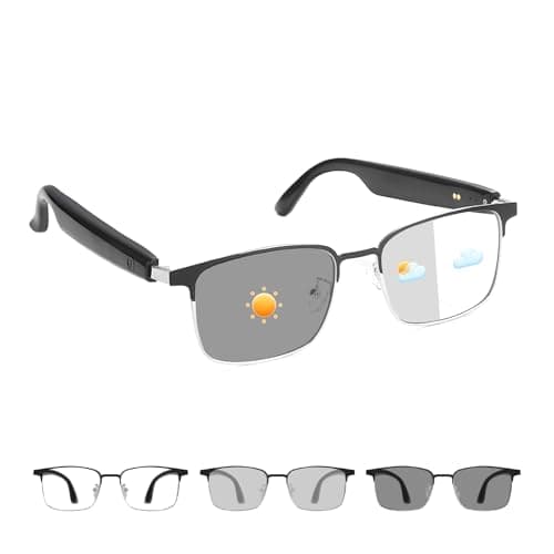 Tulbeys Smart Glasses for Men and Women, Open-Ear Audio Bluetooth Glasses with Photochromic Lenses, Built-in Mic and Speakers for Music and Calls, Compatible with iOS and Android – Silver