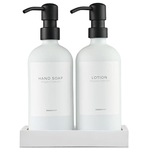 MaisoNovo Bathroom Soap Dispenser Set - Soap and Lotion Dispenser Set with White Soap Dispenser, Black Pumps & Concrete Tray