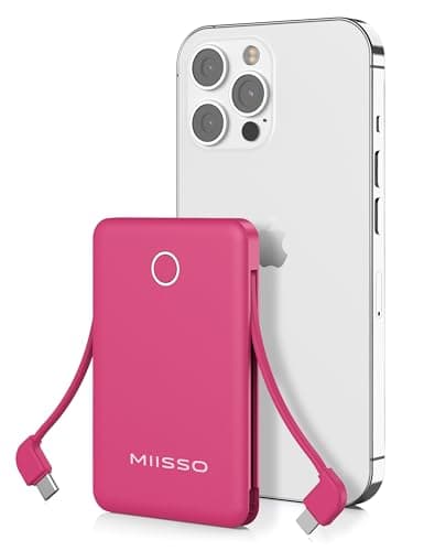 miisso 6000mah Ultra Slim Built in Cables Power Bank, Card Size Built in USB C Cords Battery Pack Portable Charger for Phones, 3 Output External Battery Pack Compatible with iPhone, Plum Red