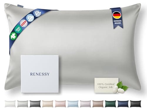 RENESSY Premium Silk Pillowcase 100% Organic Mulberry Silk, 22 Momme, Grade 6A - Oeko-Tex Certified in Germany - Luxury for Hair & Skin, 1 Piece (Standard Size 20x26 Inches, Light Grey)