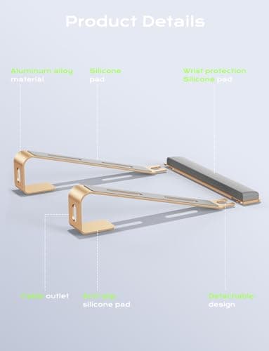 JCZT Aluminum Laptop Stand, Notebook Stand with Wrist Rest, Ergonomic Detachable Laptop Mount, Computer Stand Compatible with 10-17'' All Laptops Such as MacBook Air Pro/HP/Dell/Lenovo, Gold 7