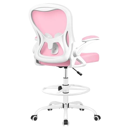 Winrise Drafting Chair, Tall Office Chair Ergonomic Standing Desk Chair, Lumbar Support Computer Chair Swivel Task Rolling Chair with Adjustable Flip-up Armrests & Foot Ring (Pink)