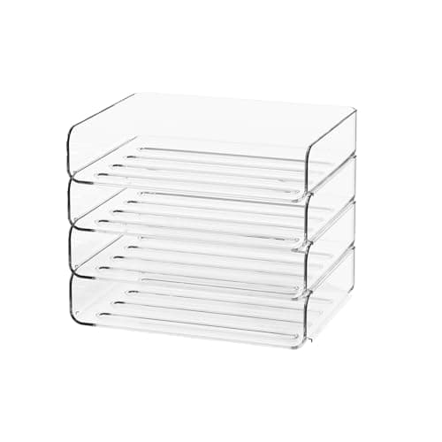 FANXIYQ 4-Tier Acrylic Paper Tray Organizer - Low-Profile Desk File Sorter for Office/Home, Clear Stackable Letter Tray for Bills, Crafts, Notebooks