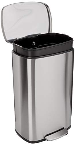 Amazon Basics Smudge Resistant Rectangular Trash Can with Soft-Close Lid, Foot Pedal, Removable Inner Bucket, 50 Liter/13.2 Gallon, Brushed Stainless Steel, Satin Nickel Finish