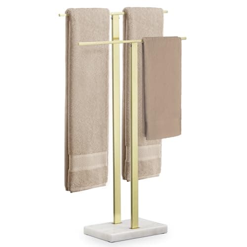 KES Standing Towel Rack with Marble Base, 2-Tier Towel Stand for Bathroom Floor, Upgrade Steady Design, T-Shaped Towel Drying Rack Gold, SUS304 Stainless Steel, Brushed Gold Finish, BTH217-BZ