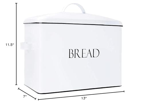 Vintage Metal Bread Bin - Countertop Space-Saving, Extra Large, High Capacity Bread Storage Box for your Kitchen - Holds 2 Loaves 13" x 10" x 7"- White with BREAD Lettering 8