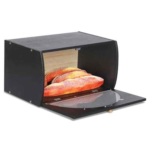 HOMEKOKO Retro Large Wood Bread Box for Kitchen Counter, Vintage Design Single Layer Bamboo Large Capacity Food Storage Bin (Black) 7