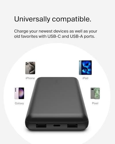 Belkin Portable Charger, USB-C Power Bank 20000 mAh w/ 2 USB-A Ports, 15W w/ Type-A to Type-C Cable - iPhone 17, Air, Pro, Pro Max, AirPods, Apple Watch, Samsung Galaxy S25, Google Pixel 10 - Black 8