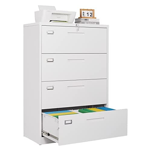 4 Drawer Lateral File Cabinet with Lock,White Lateral Filing Cabinet,Horizontal Metal Filing Cabinet,Locked Wide Four Drawer File Cabinet for Office Home,Fit A4/F4/Letter/Legal File,-Assembly Required