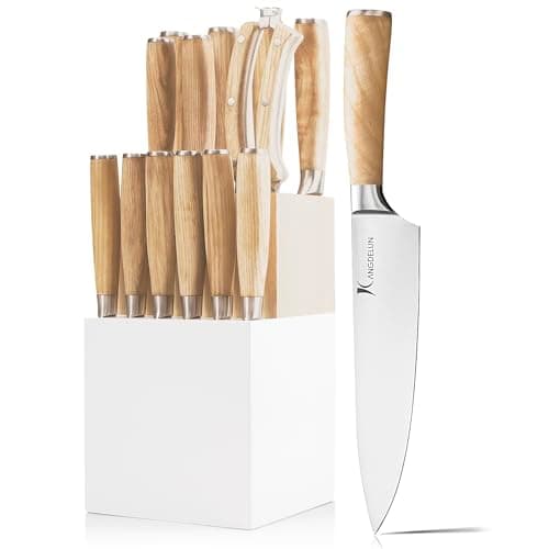Kangdelun Ultra Sharp 14-Piece Kitchen Knife Set, High Carbon Stainless Steel Blades, Torrefied Natural Wood Handles, Ergonomic Design, Space-Saving White-Finished Wood Block, Easy Hand Wash, Gift Box
