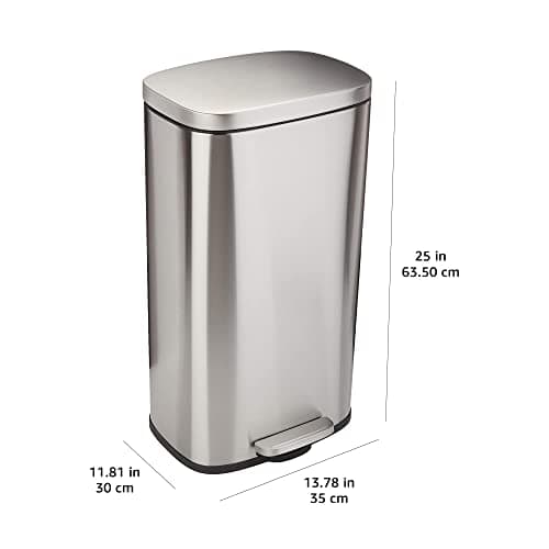 Amazon Basics Smudge Resistant Rectangular Trash Can with Soft-Close Lid, Foot Pedal, Removable Inner Bucket, 30 Liter/7.9 Gallon, Brushed Stainless Steel, Satin Nickel Finish, 13.8"L x 11.8"W x 25"H 3