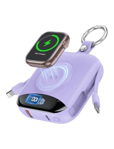 Portable Charger, 10000mAh 22.5W Fast Charging Power Bank with Built-in Cables, Travel Essentials Battery Pack with LED Display for iPhone, Portable iWatch Charger for 11/10/9/8/7/6/5/SE/Ultra Purple