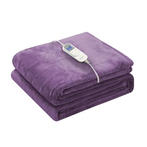 Wapaneus Foot Pocket Heated Blanket Electric Throw with 10 Heating Levels and 4 Timer Settings 4 Hours Auto Shut Off, Flannel Fast-Heating Heated Throw 50" x 60", Machine Washable, Purple