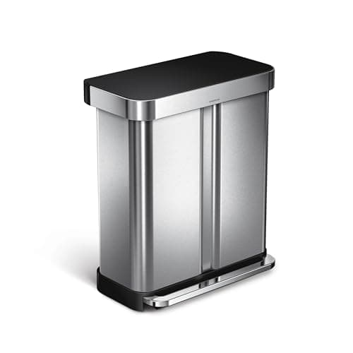simplehuman 58 Liter / 15.3 Gallon Rectangular Dual Compartment Recycling Kitchen StepTrash Can with Soft-Close Lid, Brushed Stainless Steel with Black Plastic Lid