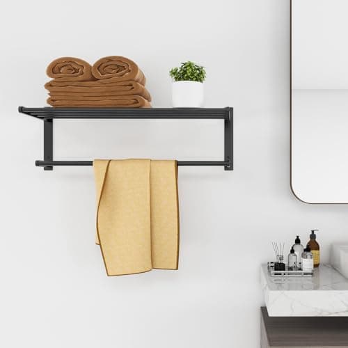 24 Inch Towel Racks for Bathroom, 2 Tire Bathroom Shelf with Towel Bar, Rustproof Wall Mounted Towel Rack SUS304 Stainless Steel, Bathroom Accessories Lavatory Towel Storage - Black 6