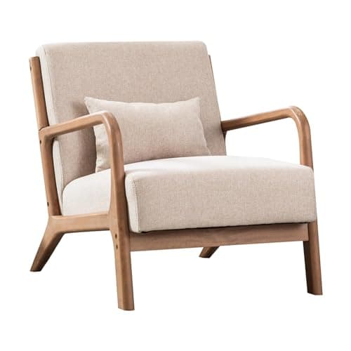 ANJ Mid Century Modern Accent Chair, Comfy Fabric Living Room Chairs with Solid Wood Frame, Lounge Reading Armchair, Easy Assembly, Beige 9