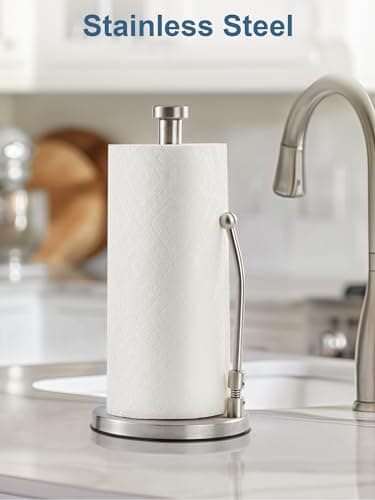 SMARTAKE Paper Towel Holder, Paper Towel Dispenser Standing Weighted Base Non Slip, Spring Arm for Easy Tear, Stainless Steel Paper Towel Holder for Home Kitchen Countertop Tabletop, Silver 9