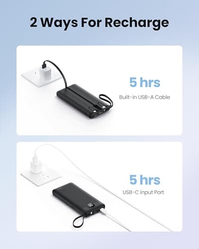 Coowisty Portable Charger with Built-in Cables, Slim 10000mAh Power Bank with USB C, Travel Essentials External Battery Pack 5 Outputs 2 Inputs LED Display Compatible with iPhone/Android & More(Black) 6