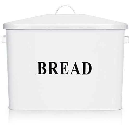 E-far Bread Box, Metal Bread Box with Lid for Kitchen Countertop, Large Bread Bin Holder Storage Container - 13" x 9.8" x 7.3" - Holds 2+ Loaves, Modern Farmhouse & Vintage Style - White