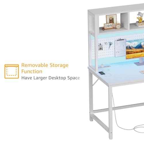 White Gaming Desk with Hutch and Pegboard - Computer Desk with Hutch, Power Outlet, 47 Inch Art Desk with Storage, Hooks, RGB and Side Bag, Writing Modern Study Teen Desks for Girl Bedroom Home Office 6
