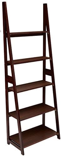 Amazon Basics 5-Tier Ladder Bookshelf Storage Organizer, Tall Bookcase for Small Space, Solid Rubberwood Frame, Modern Display Shelf, Espresso Finish, 14" D x 24.8" W x 70.1" H
