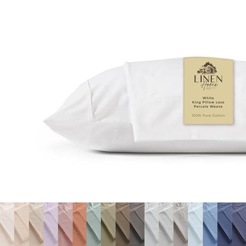 Linen Home 100% Cotton Percale Pillowcases King Size, White, 2 Pieces of Pillow Case, Crisp and Cool Strong Bed Linen, 20 inches X 40 inches
