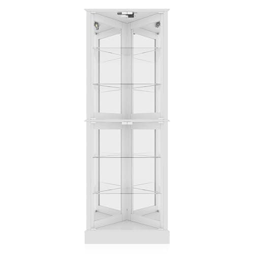 BELLEZE Lighted Accent Corner Display Curio Cabinet with Tempered Glass Doors and Shelves, Classic Wood Cabinet w/Bulb, Corner Curio Storage Rack for Living Room, Bed-Room and Kitchen (White)