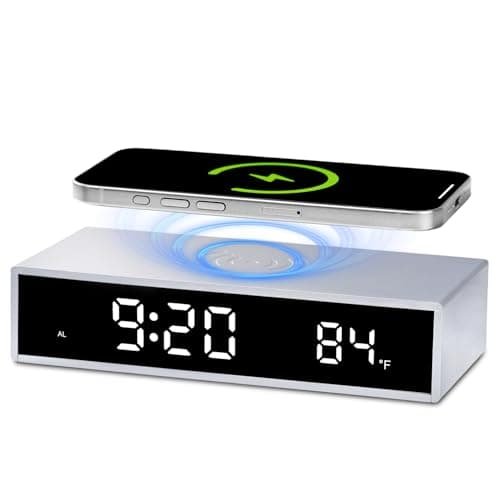 OhM-ega Digital LED Alarm Clock with Wireless Charging, 15W Fast Wireless Charger for iPhone/Samsung, Nighttime Mode Adjustable Brightness Snooze, Clock for Bedroom, Living Room, Office, Silver