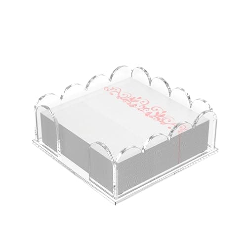 YAGELI Acrylic Napkin Holder for Cocktails – Clear Scalloped Tray and Dispenser for Kitchen, Dining, Bar – Organizes Flat Paper Towels & Disposable Napkins for Weddings, Home, Hotel（5.9x5.9in)