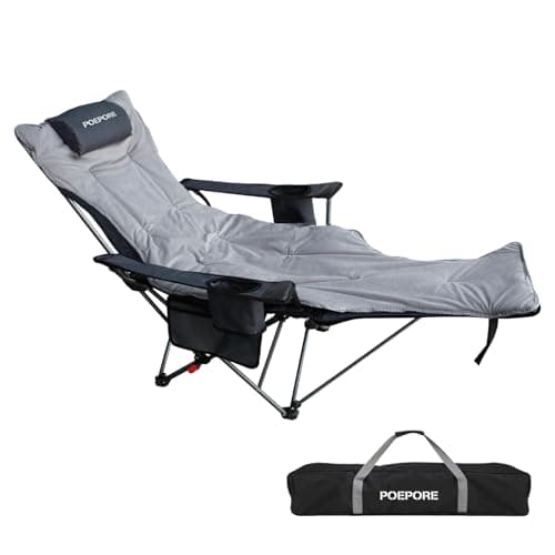POEPORE Reclining Camping Chair with Removable Footrest Lounge Chair with Headrest, Cotton Cushion, Portable Adjustable Folding Chairs for Adults Grey