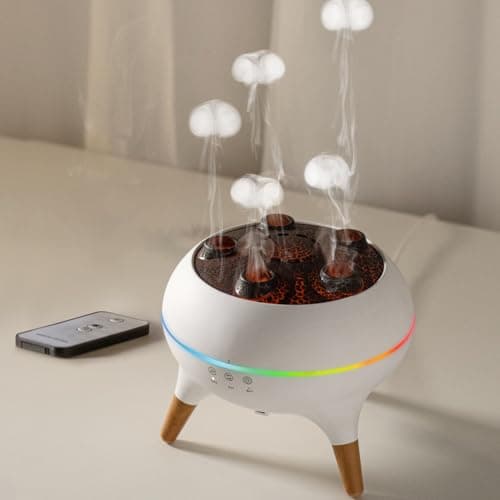 HIROGA Jellyfish Diffuser 250ML, Volcano Diffuser Aroma Diffusers Air Humidifiers 7Color LED, 5 Rings Dynamic Sound Pickup Ultrasonic Aromatherapy Fragrant for Bedroom Office (White)