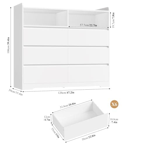 FOTOSOK White Dresser 6 Drawer, 47.2" Dresser for Bedroom Chest of Drawers with 2 Open Cabinets, Wood Dresser Modern Dresser Storage Drawers for Home & Office 3