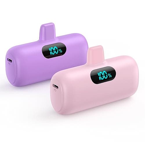 [2 Pack]Mini Portable Charger 5000mAh for iPhone,Ultra-Compact 15W PD Power Bank,LCD Display Cute Battery Pack Backup Charger Compatible with iPhone 14/14 Pro Max/13/13 Pro/12/XR/8/7/6,Pink +Purple